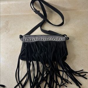 American West Bandana Shoulder Bag Black Tooled Leather Studded Purse Wallet